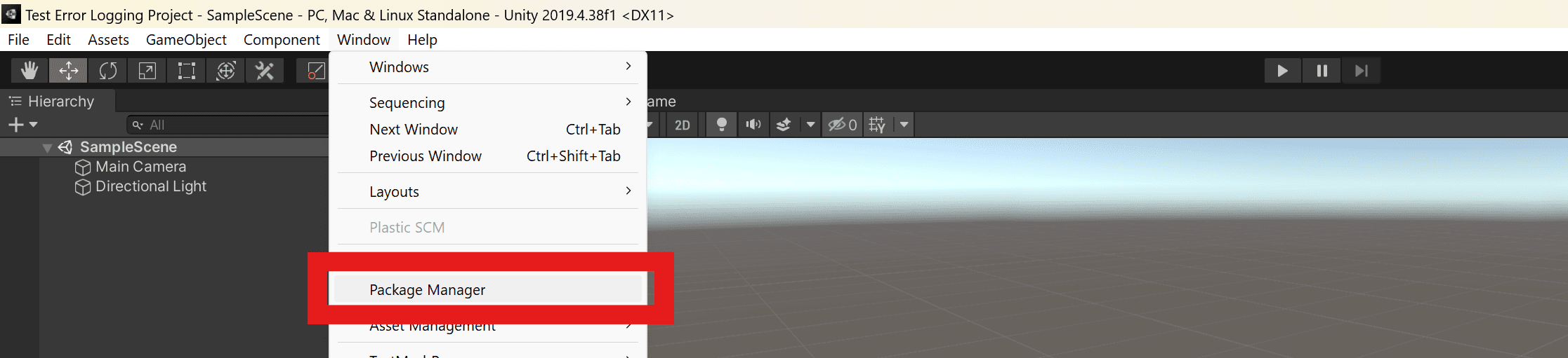 Opening the Package Manager in Unity